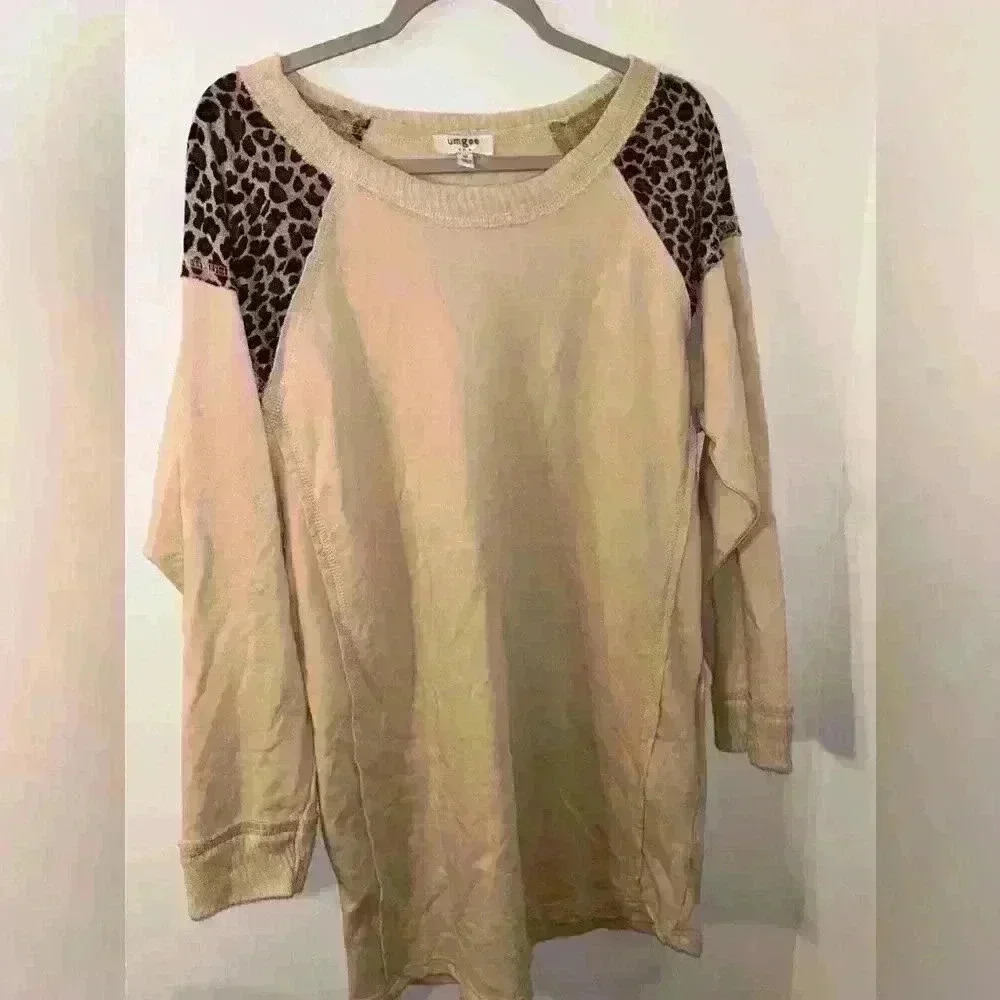 UMGEE leopard long sleeve tan dress with exposed seam women’s size M